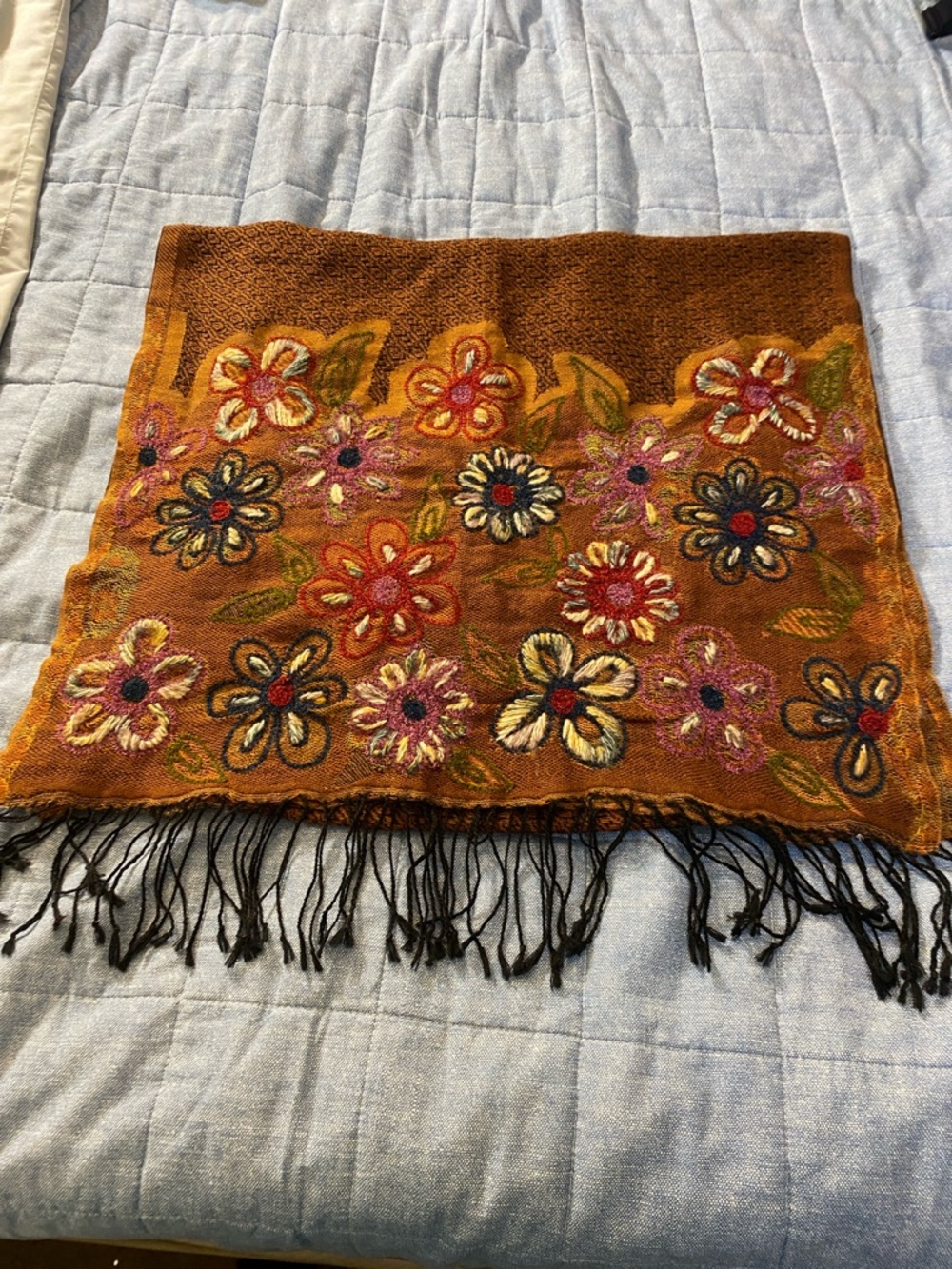 Stunning Rich Rust Hand Embroidered Floral Woven Scarf with Fringe